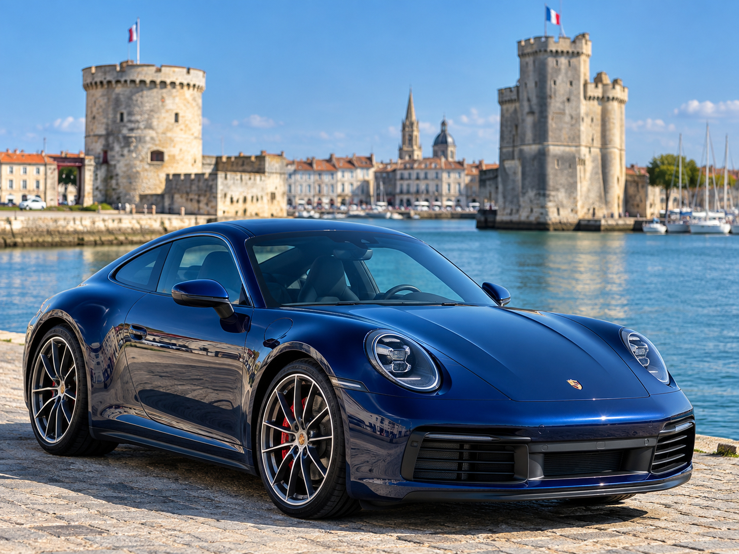 Coupé bleu devant les tours du Vieux-Port